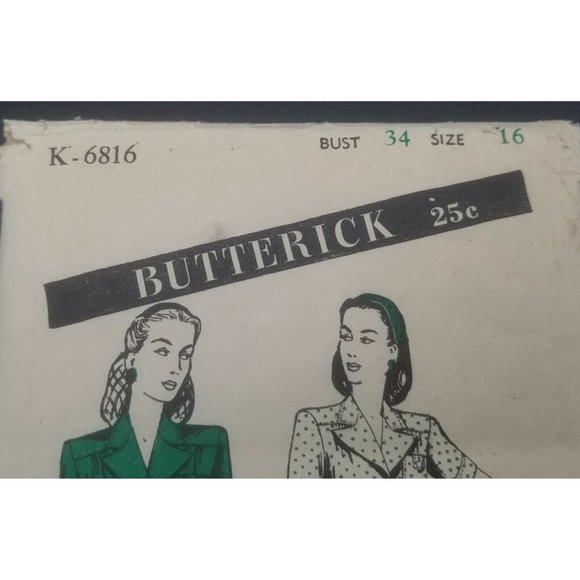 Butterick 1940's Women's Shirtwaist Dress Sewing Pattern #K-6816 Size 16 - Picture 2 of 3
